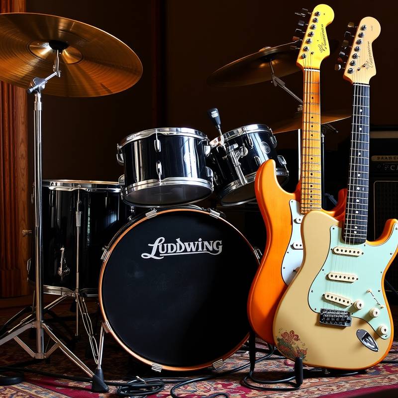 Bateria Ludwig vintage com pratos Zildjian, guitarra Fender Stratocaster e baixo Fender Precision Bass.