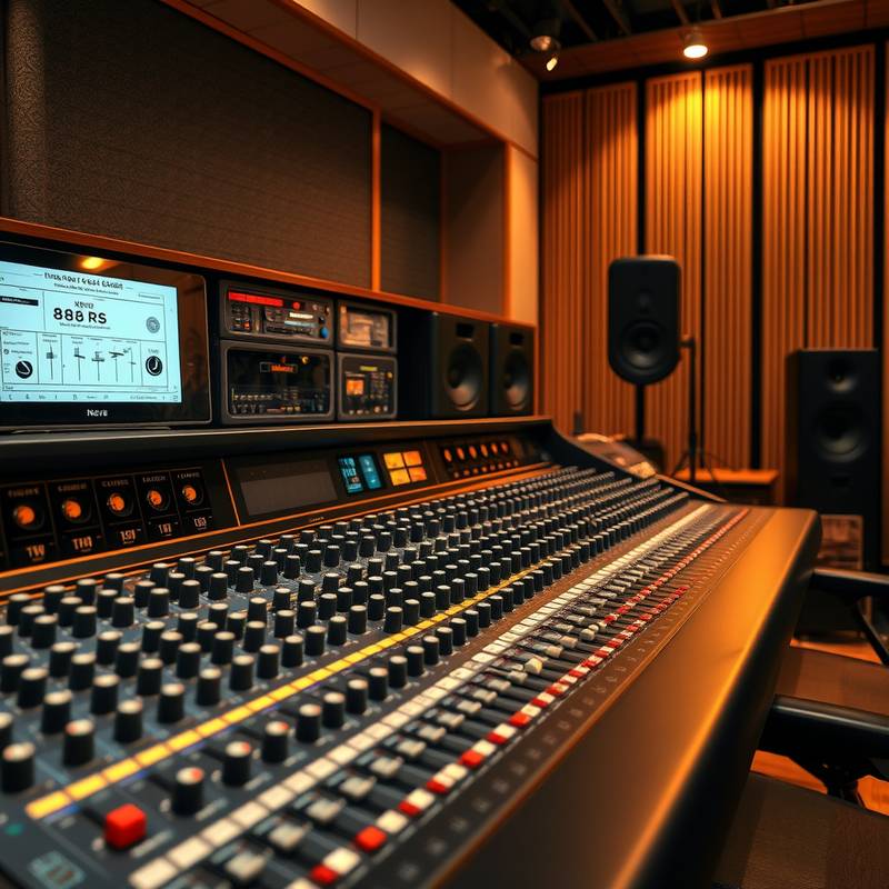 Mesa de mixagem profissional Neve 88RS com equalizadores e compressores analógicos.